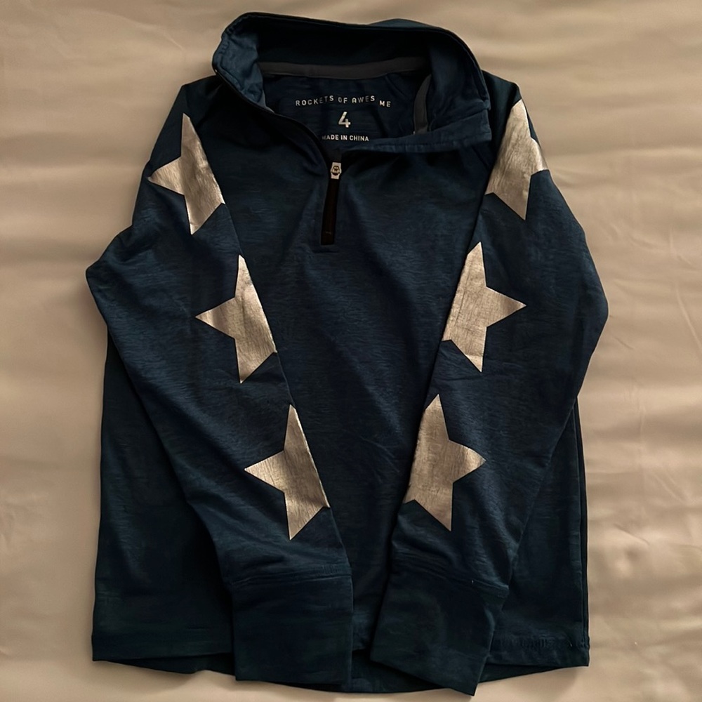 Rockets of Awesome: Blue with silver star sleeves active wear pullover. Size 4.